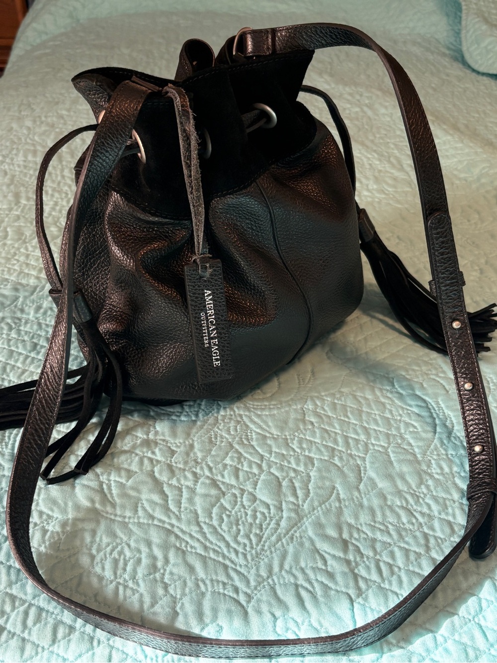 American Eagle Outfitters Genuine Leather Italy Black Bucket Crossbody Bag